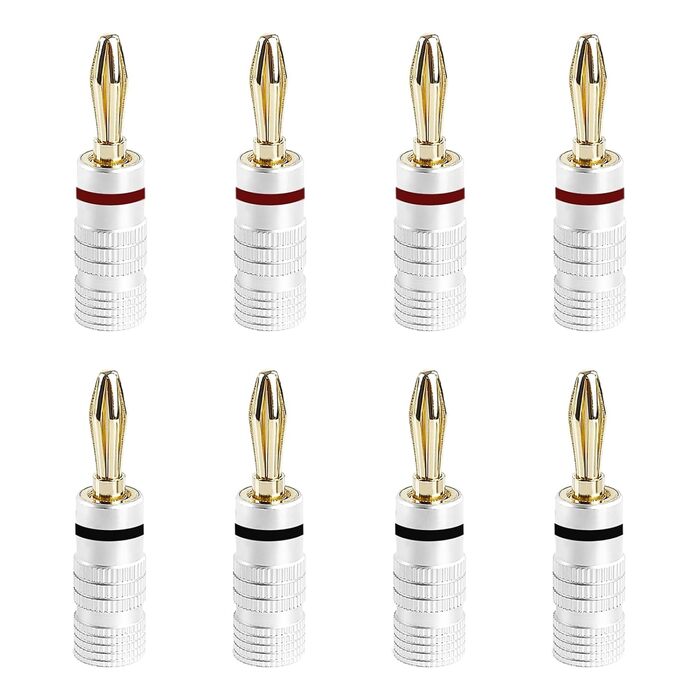 8 шт. бананові конектори 24K позолота для акустичних кабелів, Hi-Fi аудіо, домашній кінотеатр, 4 червоні, 4 чорні, сумісні з кабелями 0.75 мм - 4 мм