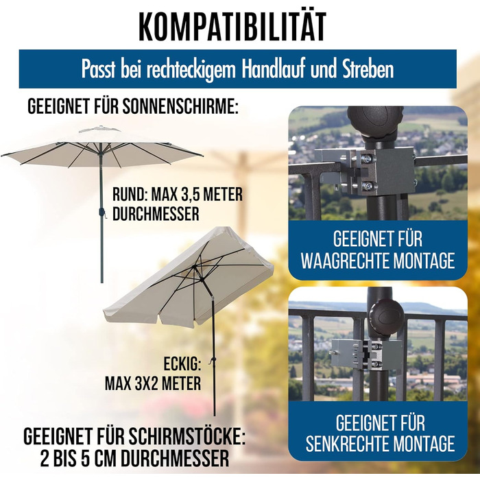 KD-TECH Stable Parasol Holder - Parasol Stand for Balcony Square Railings - Secure Parasol Attachment Without Drilling
