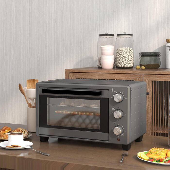 Міні-піч HOMCOM 21 л, 1400 Вт, 100-230°C, таймер, противень, решітка-гриль, вікно, піч для піци, кремово-білий (сірий)