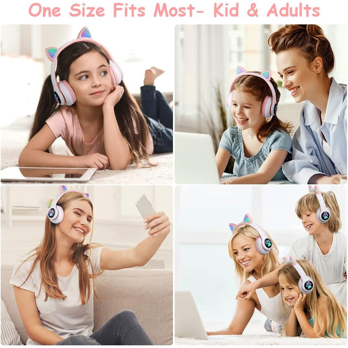 Дитячі навушники AXFEE з Bluetooth, Over-Ear, котячі вушка, LED-підсвітка, мікрофон, Micro SD/TF, рожеві