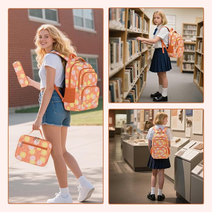 Шкільний рюкзак для дівчинки-підлітка ZHIERNA: набір з ланч-боксом та пеналом (Помаранчевий)