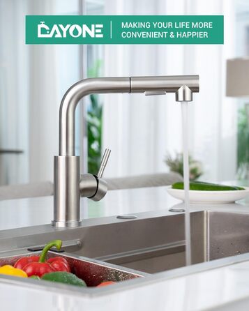 Кухонний змішувач Dayone з висувною лійкою, нержавіюча сталь SUS304, високий тиск, 2 функції, поворотна лійка 360°, L-подібна форма, G6808bn