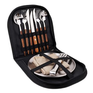Набір посуду для кемпінгу на 2 особи, 12 предметів, нержавіюча сталь, столові прибори для пікніка, портативні чохли, ручки з імітацією дерева, килимок на стіл
