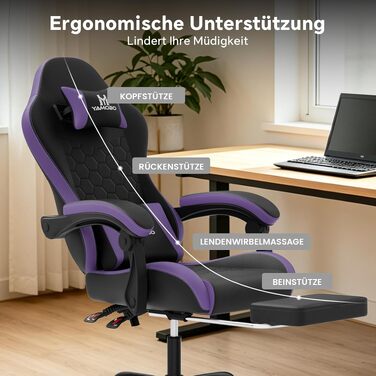 Ігрове крісло Racing Ergonomisch з підніжкою та масажним поперековим подушкою, навантаження до 150 кг, екошкіра, офісне крісло (Чорно-фіолетове)
