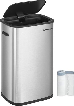 Відро для сміття SONGMICS з датчиком 50л, з м'яким закриттям, з нержавіючої сталі, з кільцем для пакетів, срібне (LTB610E50)