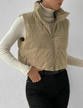 Жіноча куртка Gihuo з наповнювачем Cord, кроп-модель, комір-стійка, застібка на блискавку, стьобані рукави (M, Хакі)