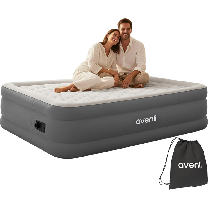 Надувний матрац-ліжко AVENLI самонадувний для 1 особи з інтегрованим насосом, висока ліжкомісце, флаокована поверхня для кемпінгу та дому (203x152x46 см)