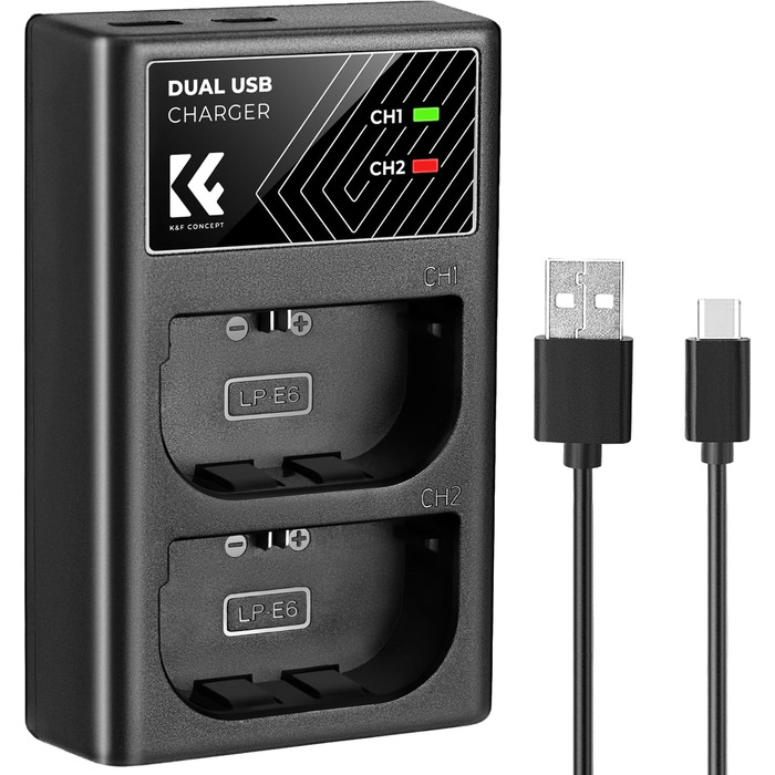 Зарядний пристрій для акумуляторів Canon LP-E6/LP-E6N/LP-E6NH з подвійним слотом K&F CONCEPT, Micro USB та Type-C, швидка зарядка для EOS R5, R6, R, 5D Mark IV, 5D Mark III, 5DS, 5DS R, 5D Mark II, 6D