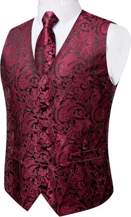 Набір DiBanGu для чоловіків: шовкова жилетка та краватка з візерунком Paisey, бант, формальна жилетка для весілля, вечірки, 6 шт. (L, Бордовий)