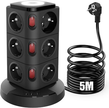 Багаторозеткова мережева станція Acodot Tower з USB, 12 розеток, захист від перенапруги, 4 вимикачі, нічник, 3 USB-порти, кабель 3м, 2500W, для офісу, білий/чорний