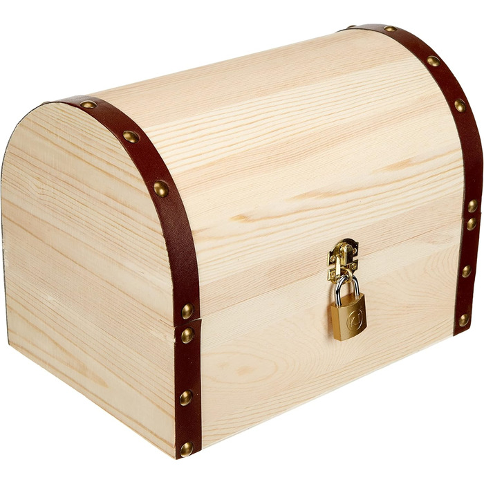 Glorex 6 2003 350 - Treasure chest with lock made of pine wood, approximately 27 x 18 x 20 cm in size, FSC Mix, natural treasure chest for painting, decorating, and embellishing