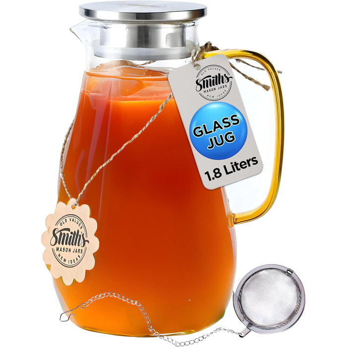 Скляний графин Smiths Mason Jars 1.8 л з інфузором і двосторонньою кришкою — універсальний графин для води, чаю та напоїв, стильний дизайн, підходить для гарячих і холодних напоїв
