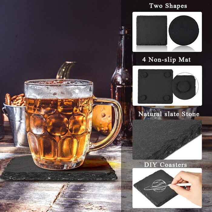 WEWINK PLUS Drink Coasters for Beverages, 4 Inch, Black Slate, Rustic Coaster with Scratch-Resistant Back, for Bar, Gifts, Crafts, Kitchen, Home Decoration, 12 Pieces