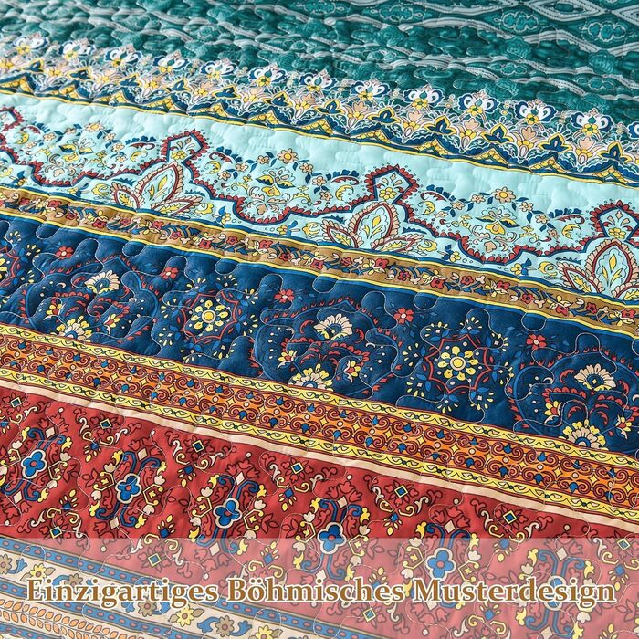 WONGS BEDDING Bedspread 220x240 Bed Cover Bohemian Quilt Steppdecke 3-Piece Double Bed Quilted Bedspread Microfiber Throw Blanket with 2 Pillowcases 50x70 for Bedroom as Sofa Cover (Bohemian) (200x220 cm, Brown Green)