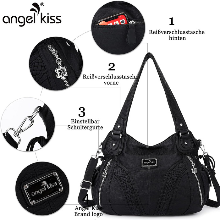 Сумка жіноча AngelKiss через плече, чорна, PU шкіра, водонепроникна, багатофункціональна з кишенями на блискавці