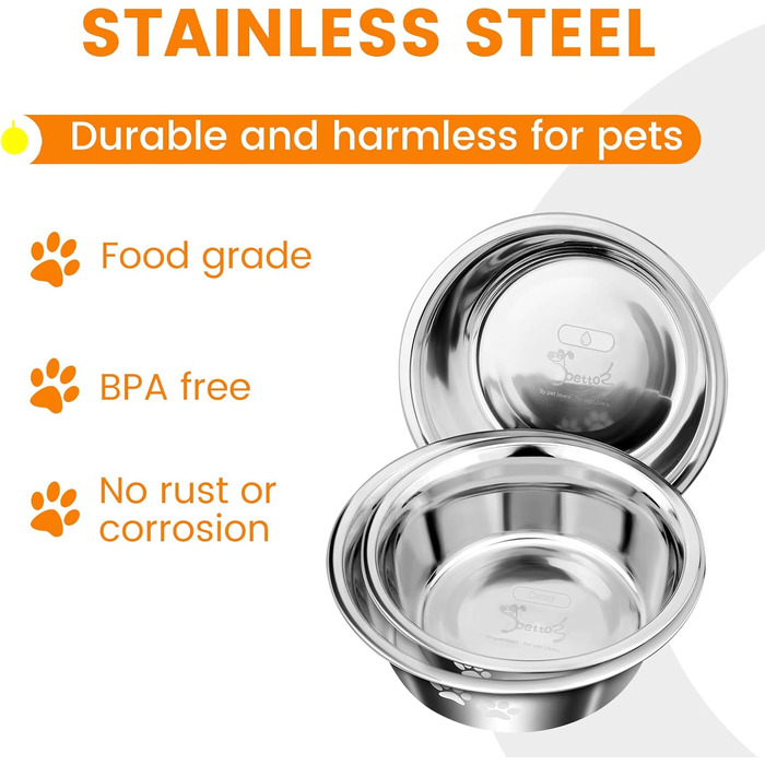 PETTOM Миски для собак з нержавіючої сталі, 2 шт. (3120 мл), миска для корму для собак великих, середніх та маленьких порід, миска для води з неслизьким силіконовим дном, розмір M - 21 см, срібний колір