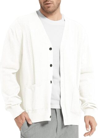 Чоловічий кардиган з в'язаного полотна, чоловічий пуловер з V-подібним вирізом, з довгими рукавами, з ґудзиками та кишенями (білий, L)