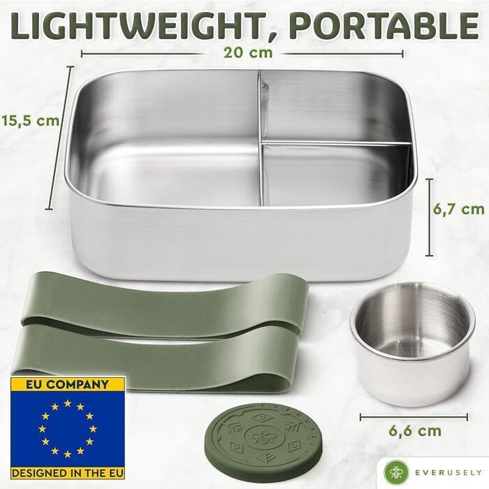 Everusely Ланчбокс Bento Box 0,8 л з нержавіючої сталі з контейнером для спецій та органайзером для перекусів (3 відділення)