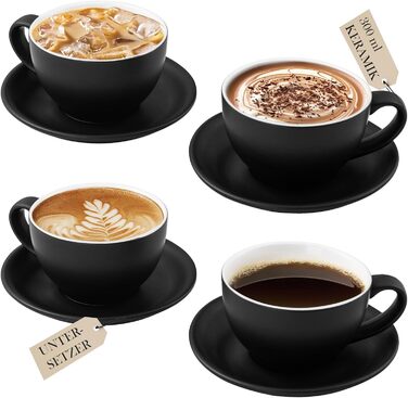 Набір кавових чашок Yundu Cappuccino 4 шт. по 300 мл – керамічні чашки з блюдцями, матова колірна гама, для латте-арту та бариста, великі мока чашки та блюдця (матова чорна)