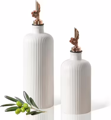 Dizada Oil Dispenser for Kitchen, Ceramic Olive Oil Dispenser Bottle, 624 ml + 400 ml, Large Capacity, Oil and Vinegar Dispenser Bottles with Stainless Steel Spout, Oil Container, 2-Piece Set