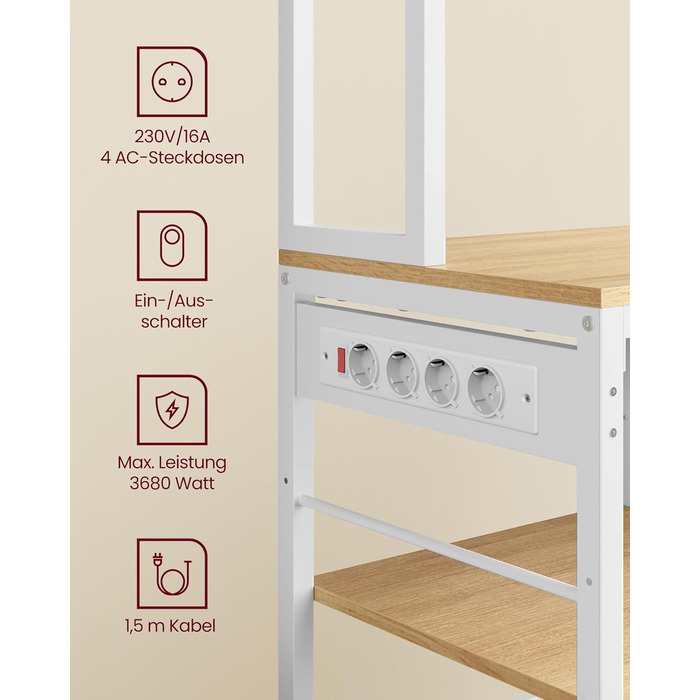 Стелаж кухонний VASAGLE з розетками, 40 x 100 x 180,4 см, 12 гачків, антрацит-чорний, з регульованими полицями та висувною шухлядою