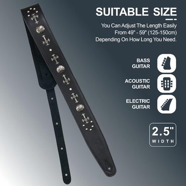 Гітарний ремінь Nefelibata з повном'якої шкіри, з підкладкою з піни, з срібними заклепками, для електро-, акустичної та бас-гітари (2,5' ширини, карбон-чорний), з хрестом