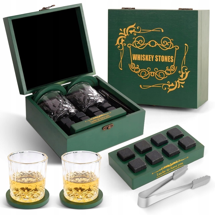 Подарунковий набір для віскі: келихи та охолоджуючі камені в зеленій дерев'яній коробці