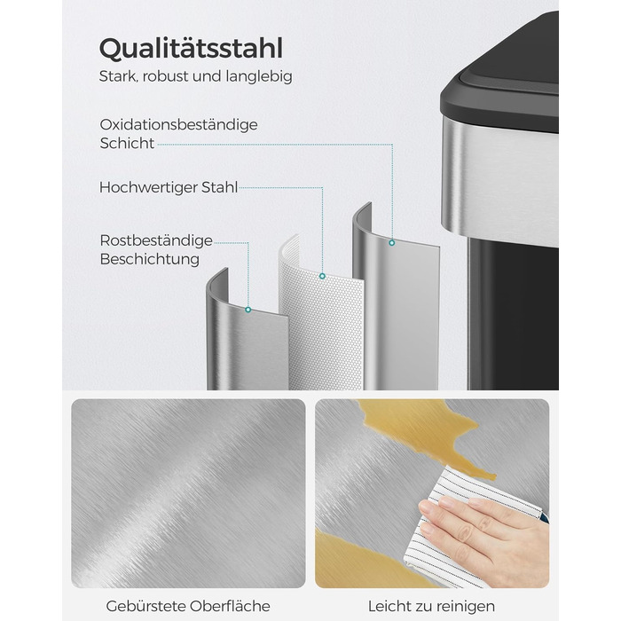 Відро для сміття SONGMICS 40 л з кришкою, педальним механізмом, Soft-Close, утримуванням кришки, срібне, LTB541E40