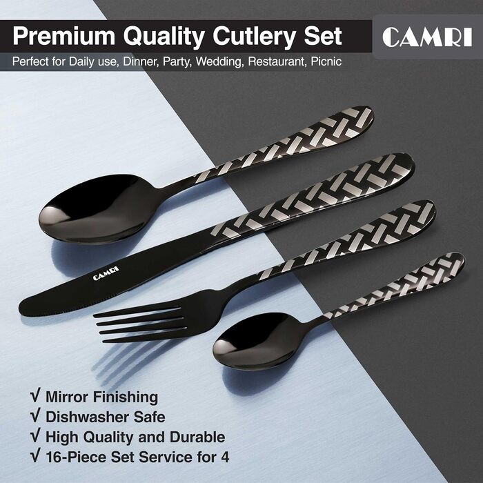 CAMRI Набір столових приборів – 16 предметів з нержавіючої сталі. Набір столових приборів, ножі, виделки, ложки. Комплект на 4 особи, придатний для миття в посудомийній машині. Кріз-чорний візерунок.