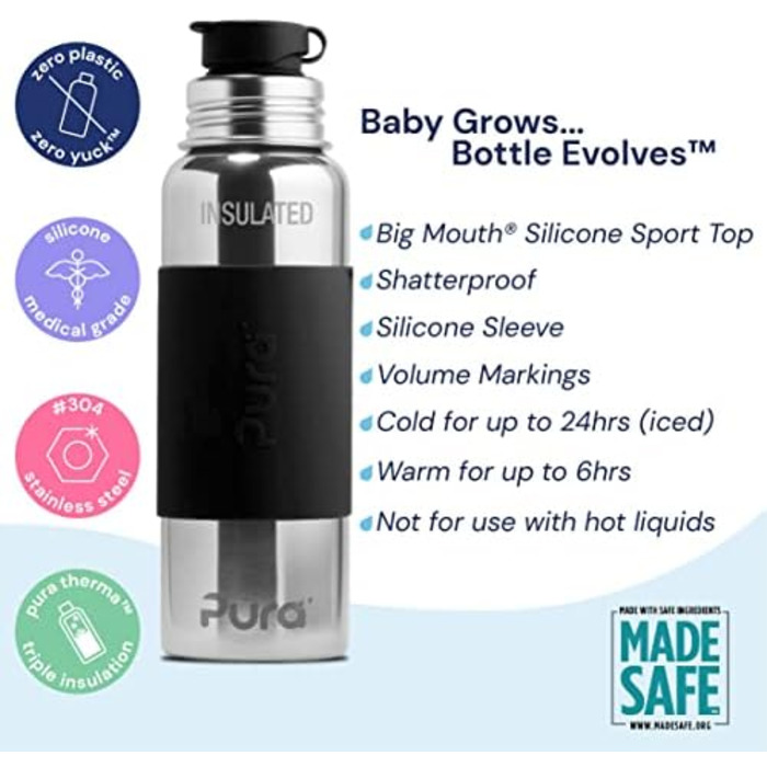 Pura Sport vacuum-insulated 650 ml stainless steel water bottle with silicone sport flip-top closure and sleeve, black (plastic-free, non-toxic certified, BPA-free)