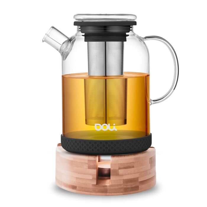 Скляний чайник Doli 1,5 л з ситечком із нержавіючої сталі та підставкою-підігрівачем, чорний, для гарячих та холодних напоїв, BPA-free