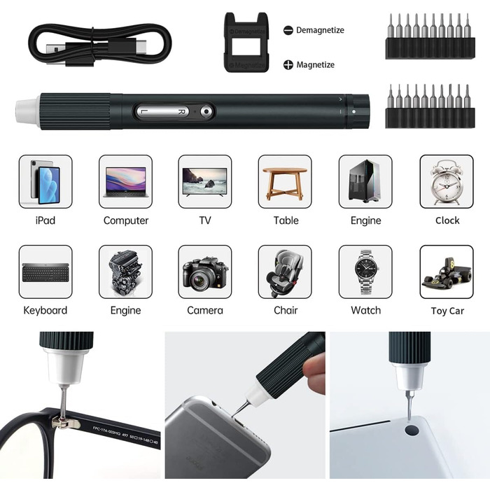 JAKEMY Мініатюрний електричний шуруповерт E21-B: набір для дрібної механіки з регулюванням крутного моменту, LED-підсвічуванням та USB-C зарядкою