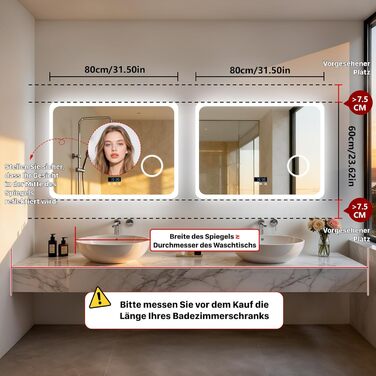 Дзеркало для ванної кімнати LUVODI з підсвічуванням 100x70 см: годинник, температура, дата, антизапар, регулювання яскравості, 3 кольори світла, функція пам'яті, LED, водонепроникність (60L x 80B см, 3x лупа + Bluetooth)
