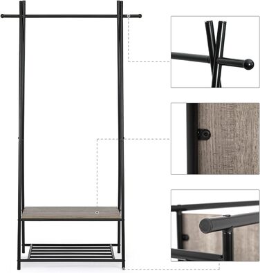 Coat rack, clothes rack, wardrobe with shoe storage, metal frame, for hallway, living room and veranda, retro-industrial clothes rack, 64cm x 41cm x 162cm, (Grey)