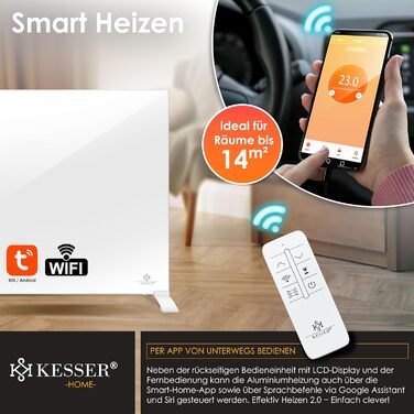 Інфрачервовий обігрівач KESSER 520W з алюмінію, 2-в-1: підлоговий та настінний. Енергозберігаючий з Wi-Fi керуванням, датчиком вікон та пультом. Білий.