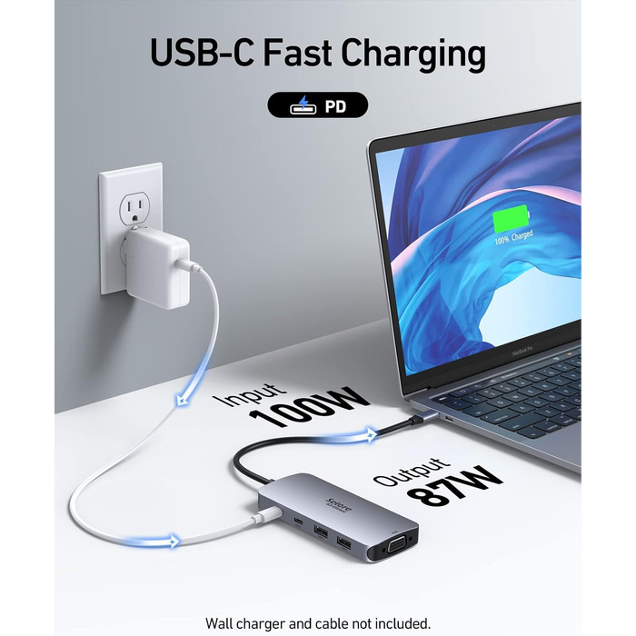 Док-станція для 2 моніторів, USB-C хаб 8 в 1: адаптер DisplayPort, HDMI, VGA, USB 2.0, PD 100W, для ноутбуків Dell, Thinkpad, Huawei (сірий)