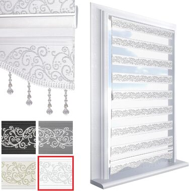 Double roller blinds, Easy-Fix without drilling, White Silver, 200 x 60 cm (Length x Width). Blackout Duo roller blinds with beads, shimmering, Roman shade, window, door, zebra blinds, clip-on blinds, side-pull blinds