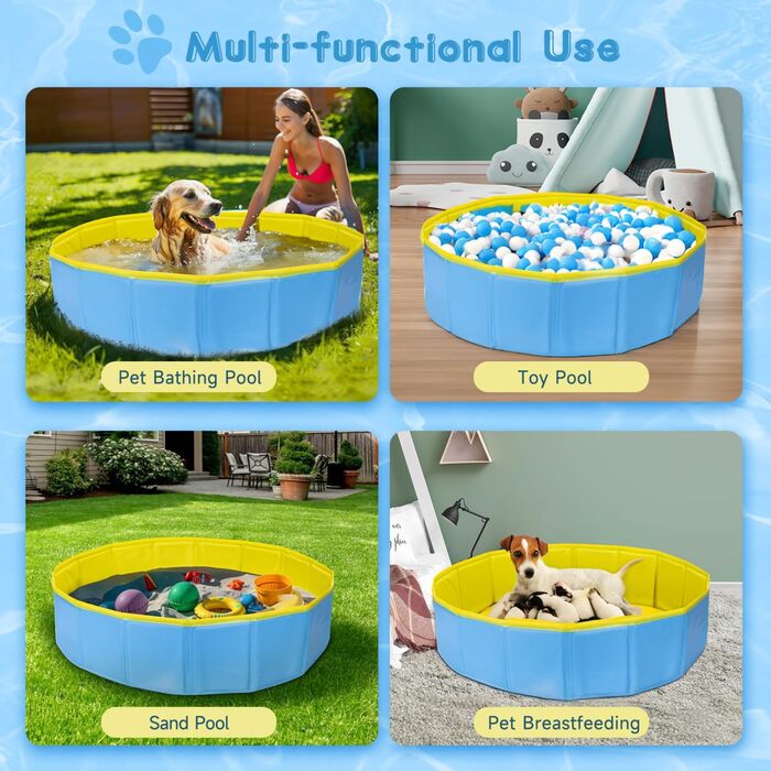 Nobleza Hundepool for Large & Small Dogs, Foldable Dog Splash Pool, Sturdy Dog Bathtub, Swimming Pool for Cats, 80 * 20cm, S, (80*20cm, Blue & Yellow)