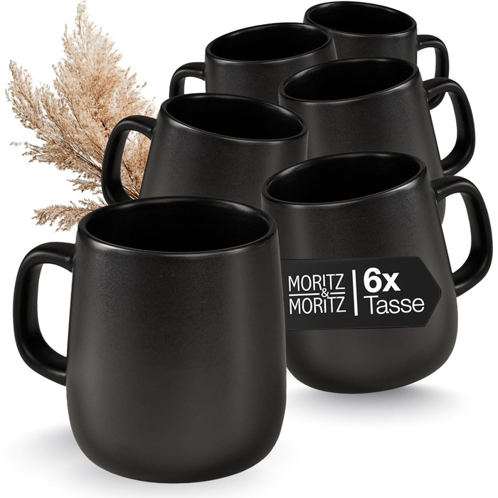 Набір кавових чашок Moritz & Moritz VIDA, 6 шт., чорний колір, 380 мл, з ручкою, з високоякісного порцеляну