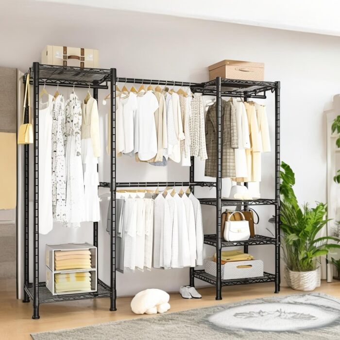 Тeleskopна штанга Himimi для одягу з 4 перекладинами та 6 регульованими полицями, 1 гачком, телескопічна система, регульована висота 175-230 см x H180 см, чорна