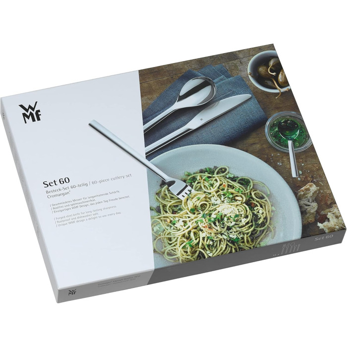 WMF Palma Cutlery Set, 12 Place Settings, 60-Piece Dinner Set, Monobloc Knives, Polished Cromargan Stainless Steel, Shiny, Dishwasher-Safe, 60-Piece Single