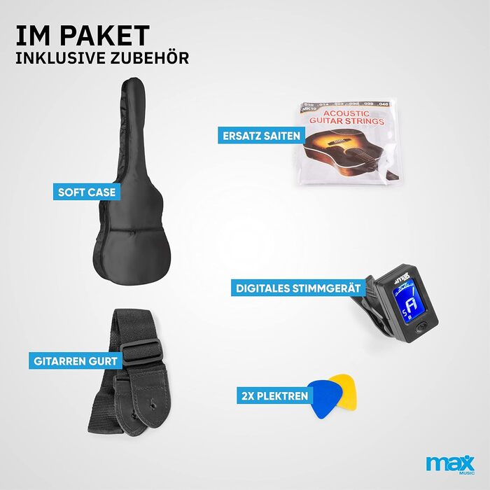 Електроакустична гітара MAX ShowKit з підсилювачем 40 Вт, чохлом, тюнером, кабелем, медіатором та звукознімачем, чорна