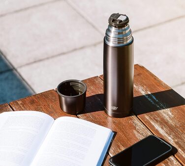 alfi ISOTHERM PERFECT AV 1.0L, cool grey matte, stainless steel insulated bottle with drinking cup, absolutely leak-proof with automatic closure, detachable, keeps drinks warm for 12 hours, fingerprint-resistant, BPA-free