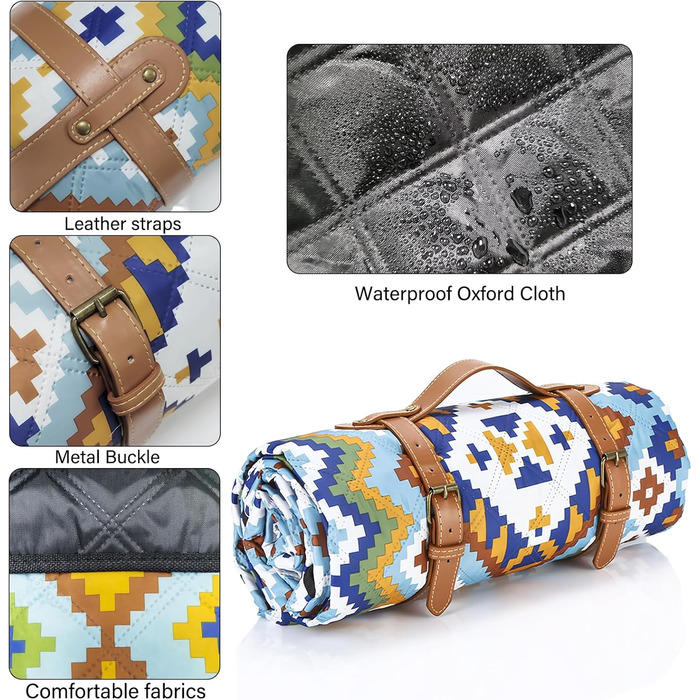 Пікнік-ковдра 200x200 см Boho, водонепроникна, велика портативна пляжна ковдра, антипісочна, ізольована, з ручкою для перенесення, для пікніка, кемпінгу, пляжу та парку