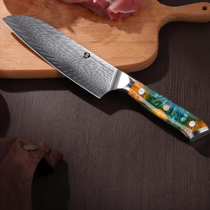 Японський кухонний ніж Santoku WILDMOK 17 см з дамаської сталі VG10, жовтий ергономічний руків'я для дому та ресторану