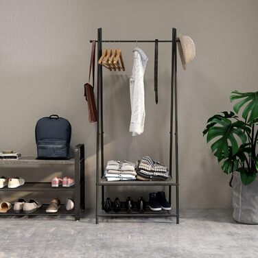 Coat rack, clothes rack, wardrobe with shoe storage, metal frame, for hallway, living room and veranda, retro-industrial clothes rack, 64cm x 41cm x 162cm, (Grey)
