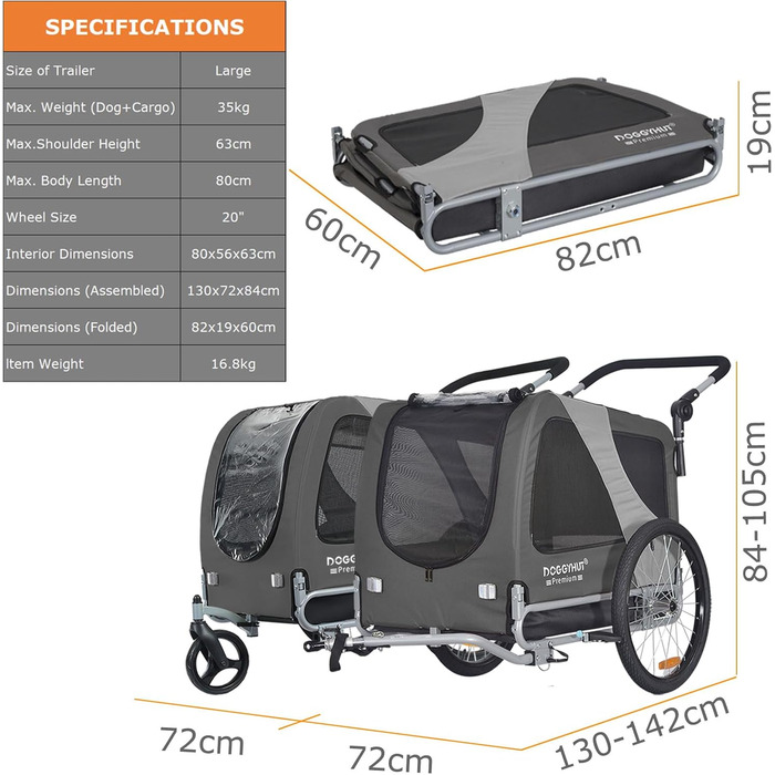 DOGGYHUT® Преміум великий 2 в 1 велосипедний причіп для собак та візок-бігунка. Великий об'єм 270 літрів для середніх та великих собак до 35 кг (сірий / чорний)