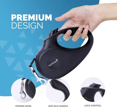 Висувна поводок для собак FurDreams – міцний, 5-метровий поводок з надійним затискачем | Нековзний ручка з контролем блокування | Міцний нейлоновий поводок, що не заплутується & гачок для нашийника (Чорний, Великий) Чорний Великий