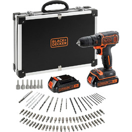 Акумуляторний дриль-шуруповерт BLACK+DECKER 18V з 2 акумуляторами 1.5Ah, швидкою зарядкою та 80 аксесуарами в кейсі