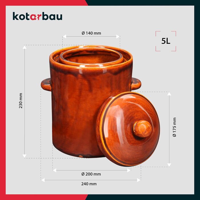 KOTARBAU® Garden Pot 5 L Brown Stoneware Pot with Airtight Lid Gherkin Pot Sauerkraut Pot Preserving Pot Ceramic Cask with Water Groove Stoneware Vessel